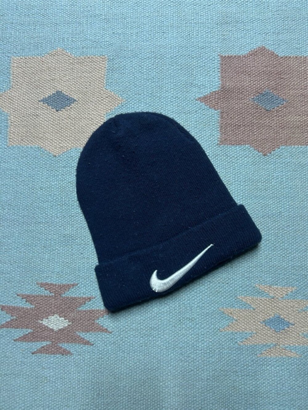 Vintage acrylic knit beanie winter hat Nike swoosh check big logo navy blue OSFA